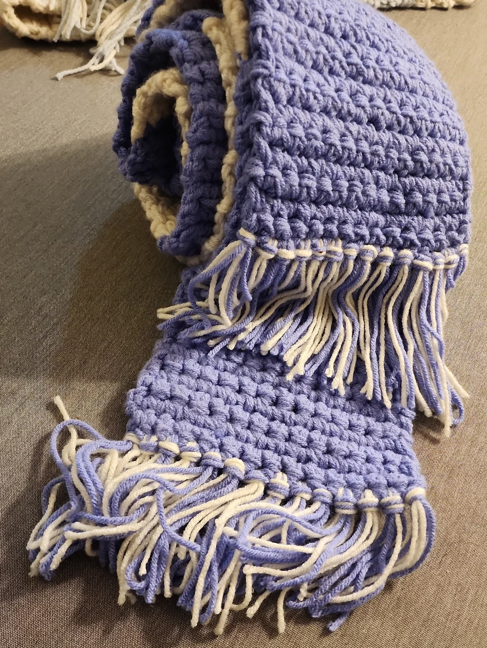 Handknit  Crochet Fringe Scarf in Lavender and Cream